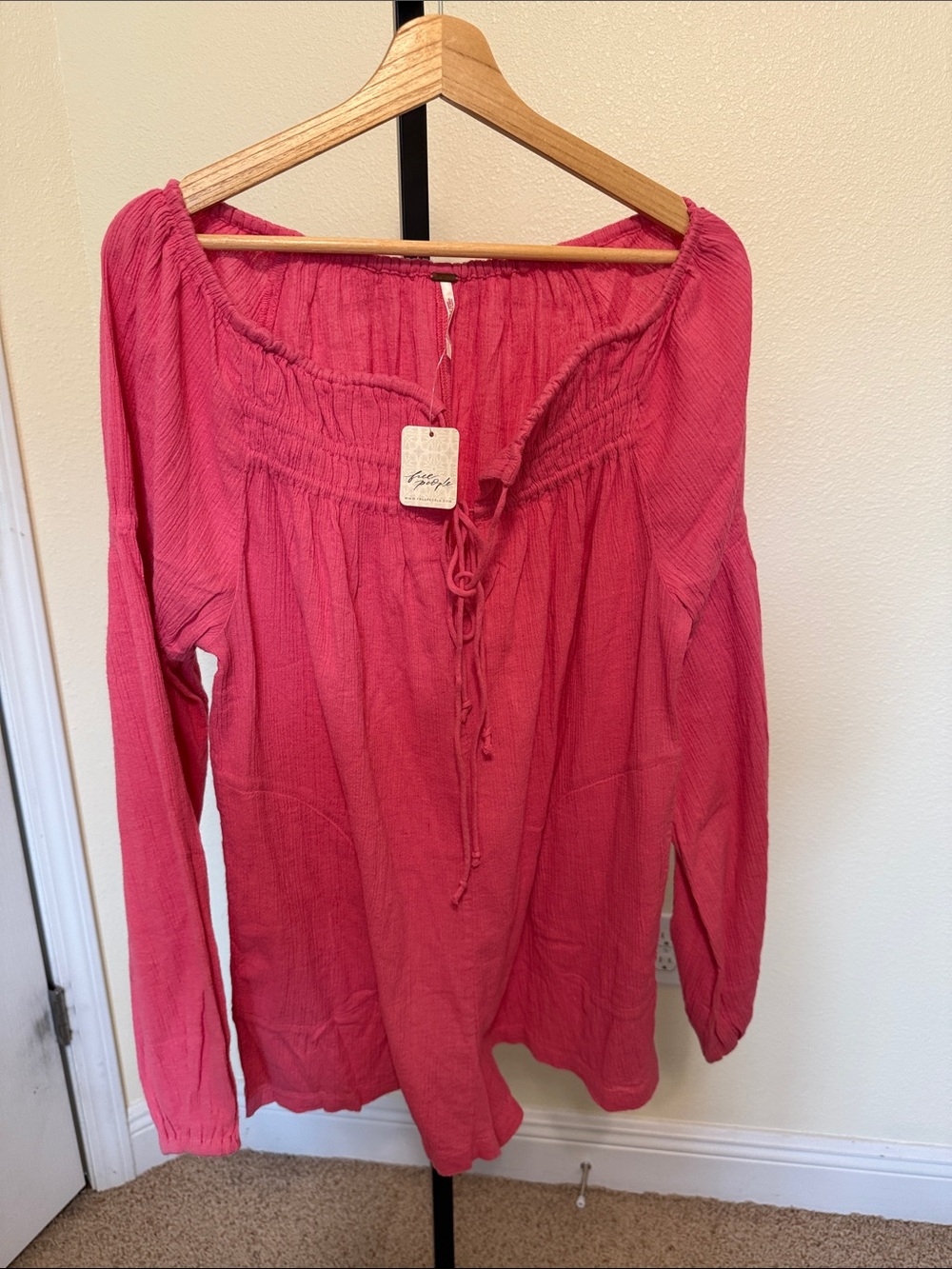 Free People 💗Women's Pink Long-Sleeve Peasant Blouse - Casual Tie-Neck Top